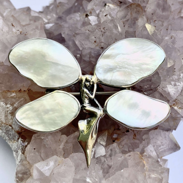 PD 10723 S-MP (SMALL)-(UNIQUE 925 BALI SILVER ANGEL BUTTERFLY BROOCH PENDANT WITH MOTHER OF PEARL)